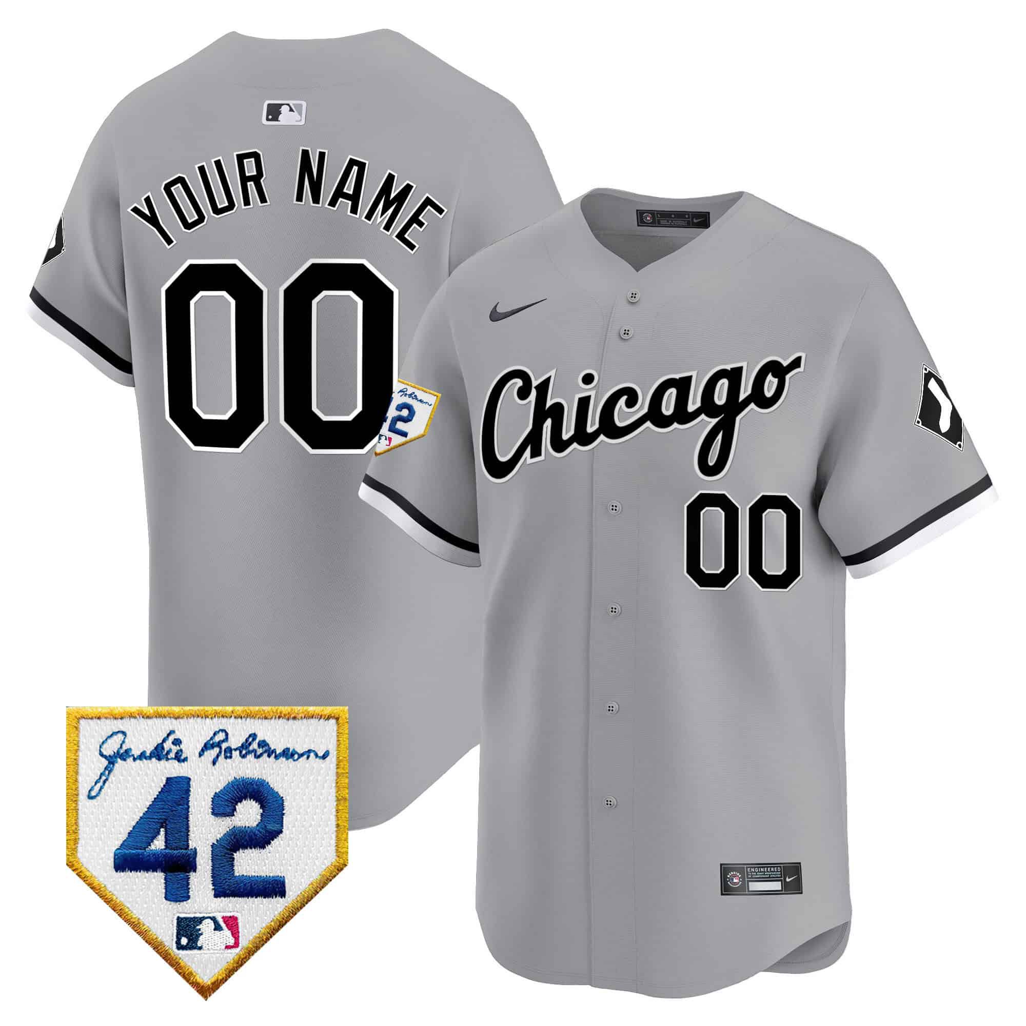 Men Chicago White Sox Grey Nike 2024 Jackie Robinson Patch Vapor Premier Limited Custom MLB Jersey